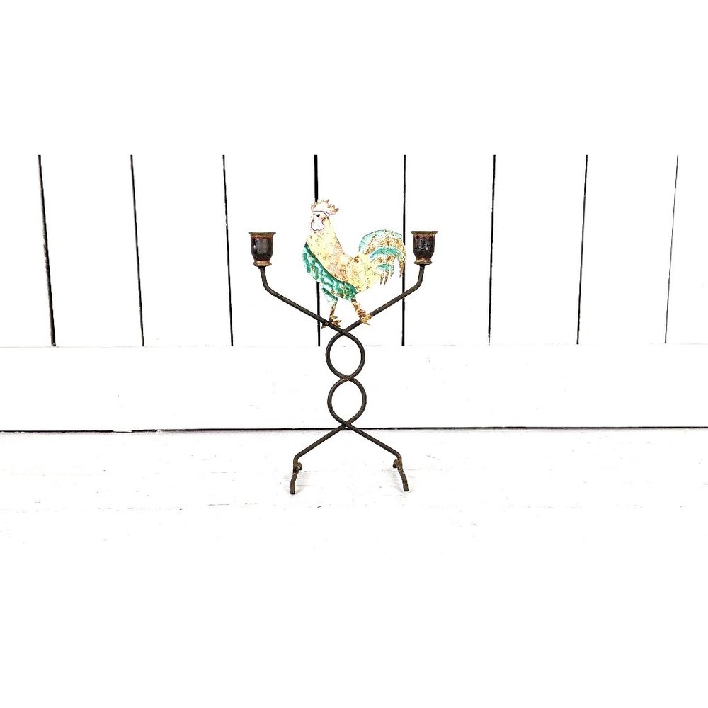 Vintage rustic farmhouse rooster chicken taper metal candle holder